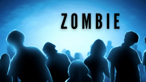 Man sieht die Schatten vom Zombies die in Richtung eines blauen Lichtes laufen. Darüber sieht man einen schwarzen Schriftzug auf dem Zombie steht.