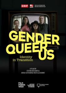Das Filmplakat. Gender, Queer, Us – Identity in Transition. Im Hintergrund sind man 4 Personen unterschiedlicher Herkunft und Klasse.